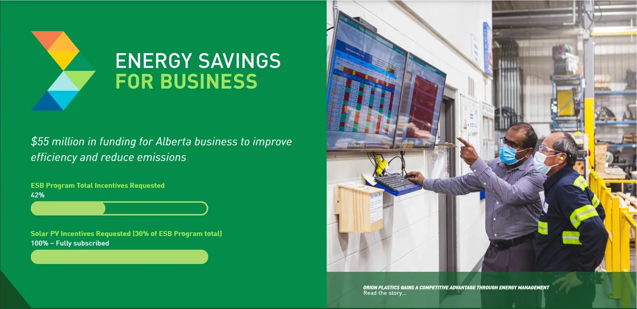 Two people in a factory setting looking at a screen, wearing face masks, discussing energy management. Graphic about Alberta's business funding for energy efficiency on the left.