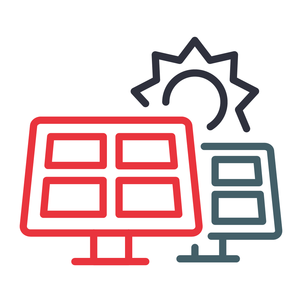 The image shows a stylized representation of a solar panel array with a sun symbol above, indicating renewable energy, likely solar power generation.