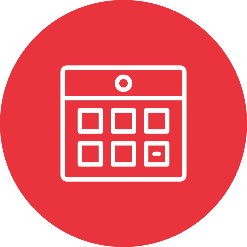 The image shows a stylized white calendar icon centered on a solid red circular background, suggesting organization, planning, or date-related concepts.