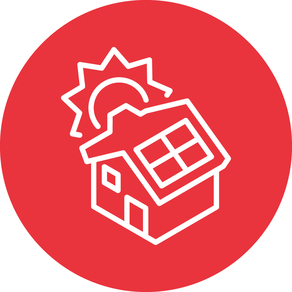 The image features a simplistic line drawing of a house with a sun symbol above it inside a red circular background. The style is modern and graphic.