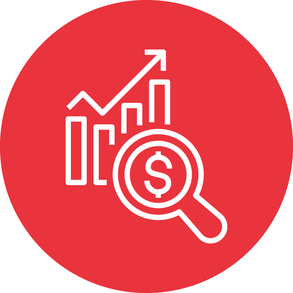 This image features a red circle with a white line graph trending upwards, a magnifying glass, and a dollar sign, symbolizing financial analysis or economic growth.