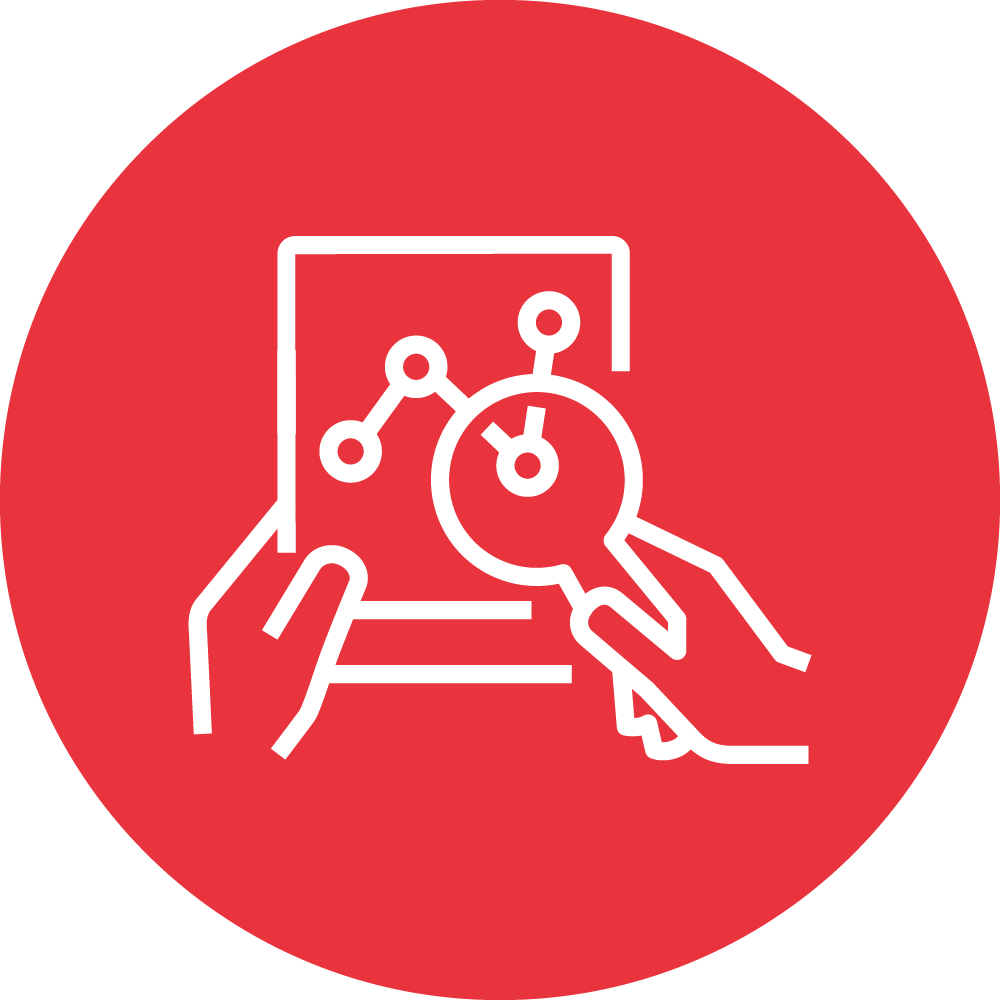 The image shows a stylized white outline of a hand holding a magnifying glass over a chart, depicted within a bright red circle background.