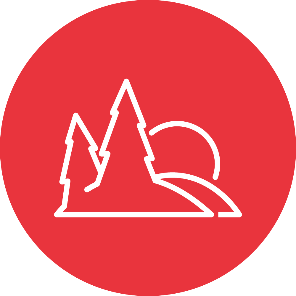 This image features three stylized white mountain peaks on a solid red circular background, with a white curved line resembling a simplified sun or cloud.