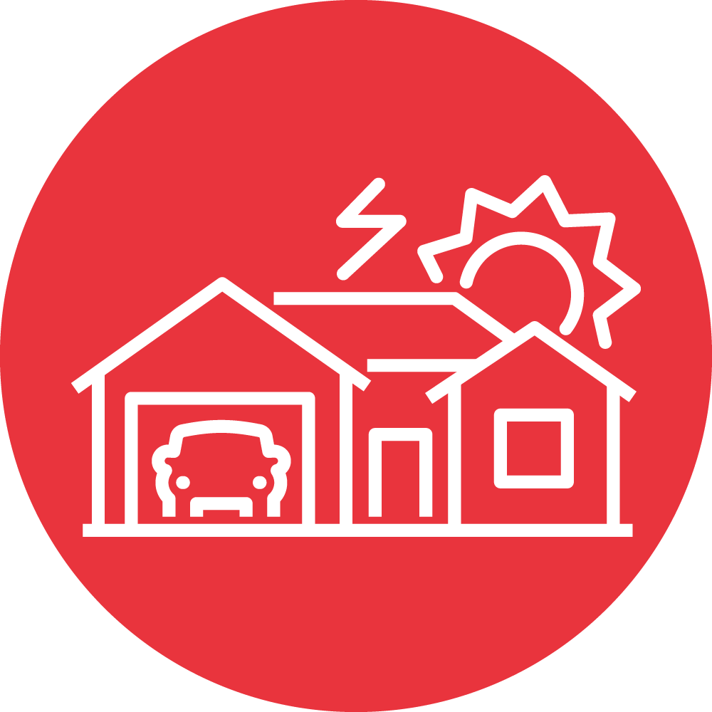 This is a red circular icon with a white linear illustration. It features a house with a garage and car, a sun, and a lightning bolt symbolizing energy or solar power.