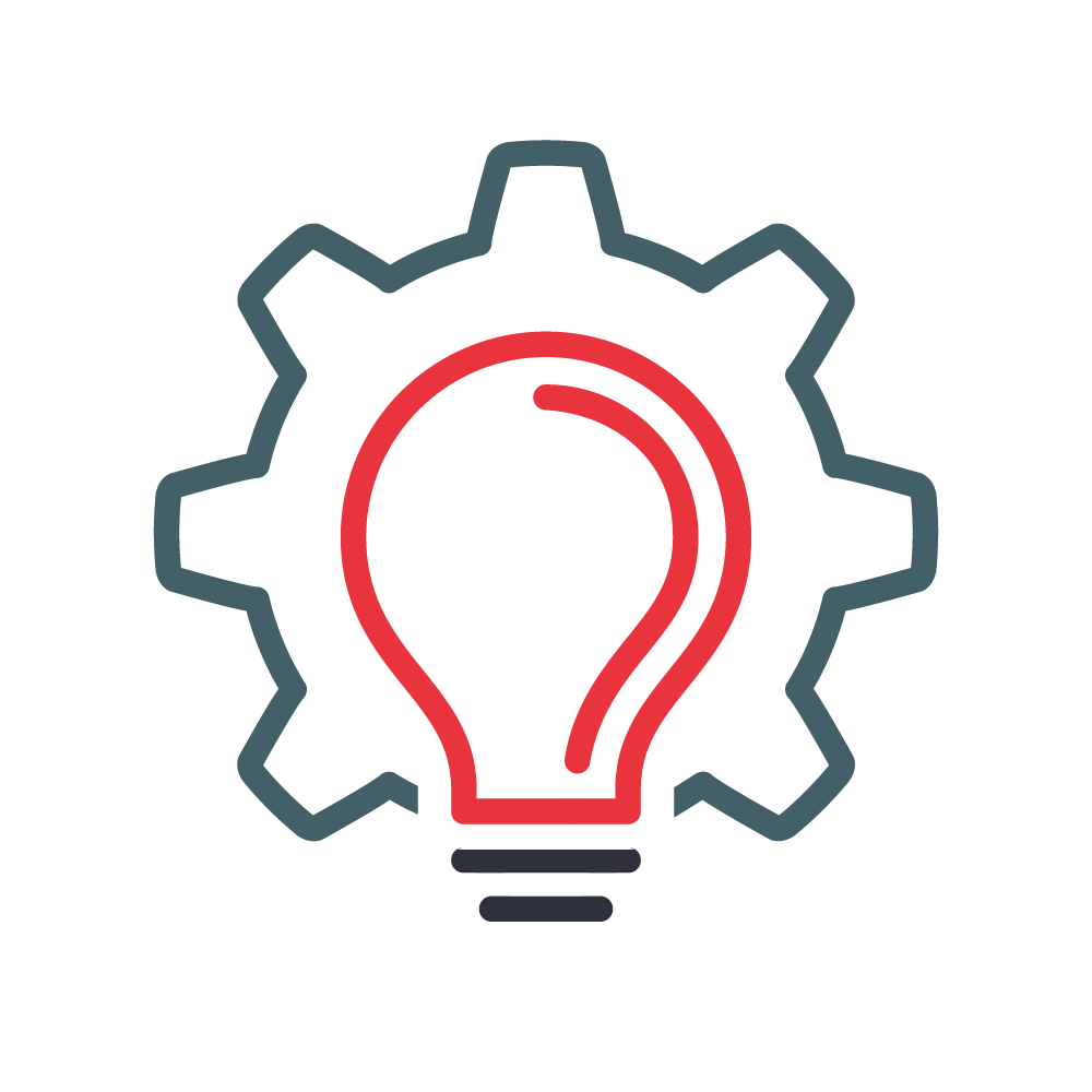 This image displays a stylized icon combining a gear and a light bulb, with the bulb in red outline inside the gear, symbolizing innovation or creative thinking.