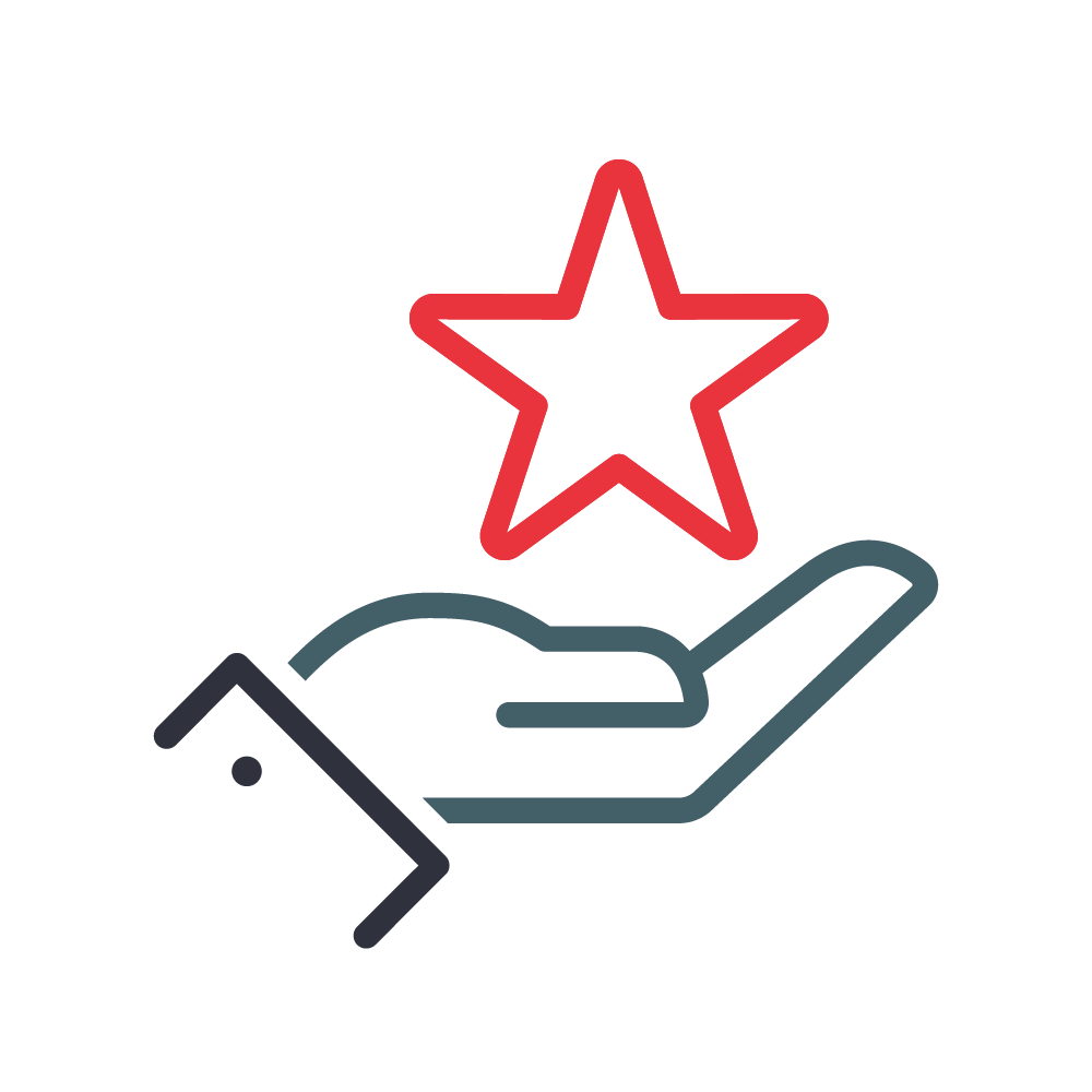 This is a digital icon featuring a stylized hand with an open palm facing upward, underneath a five-pointed star, suggesting a concept of care, quality, or excellence.