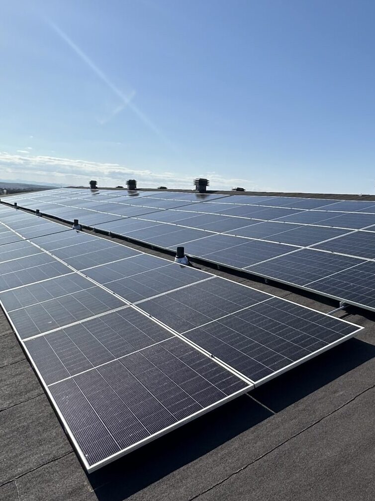 Close-up of a solar technician using a professional tool to secure a solar panel mid-clamp to a racking rail