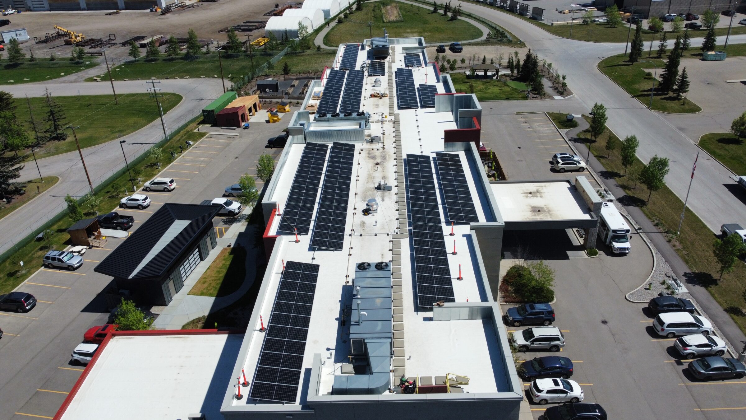 Rooftop commercial solar panel installation on Abrio Place senior living facility in Calgary