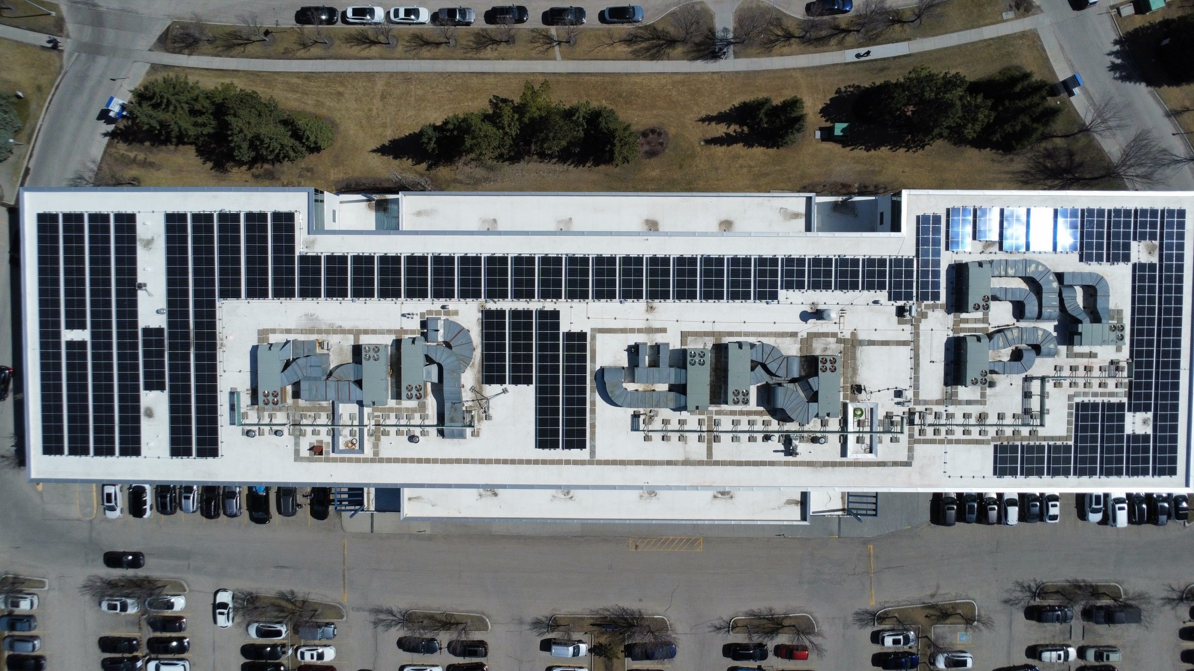 Aerial view of Soprasolar PVC pedestal install completed in Western Canada.