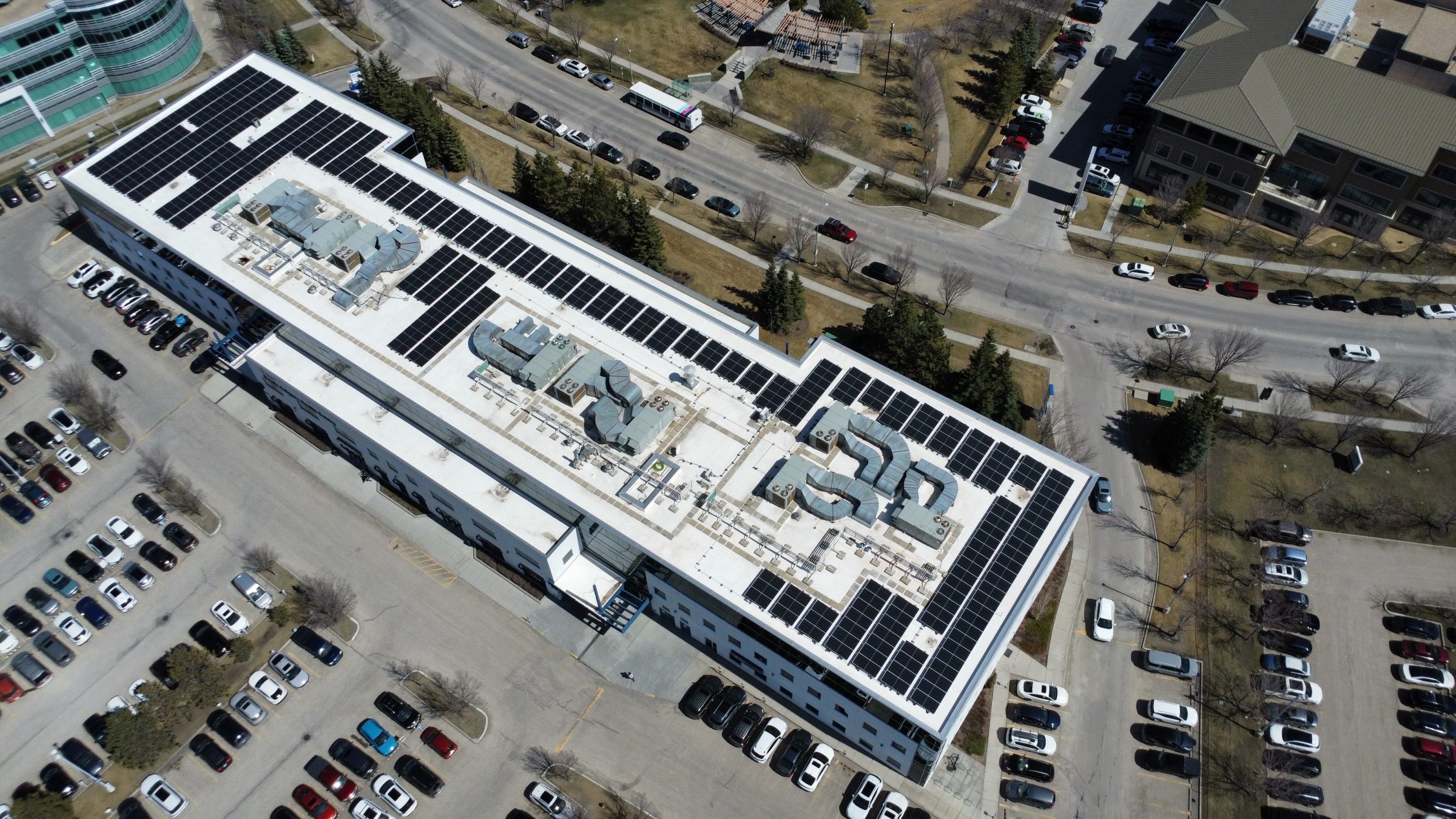 Aerial view of Soprasolar PVC pedestal install completed in Western Canada.
