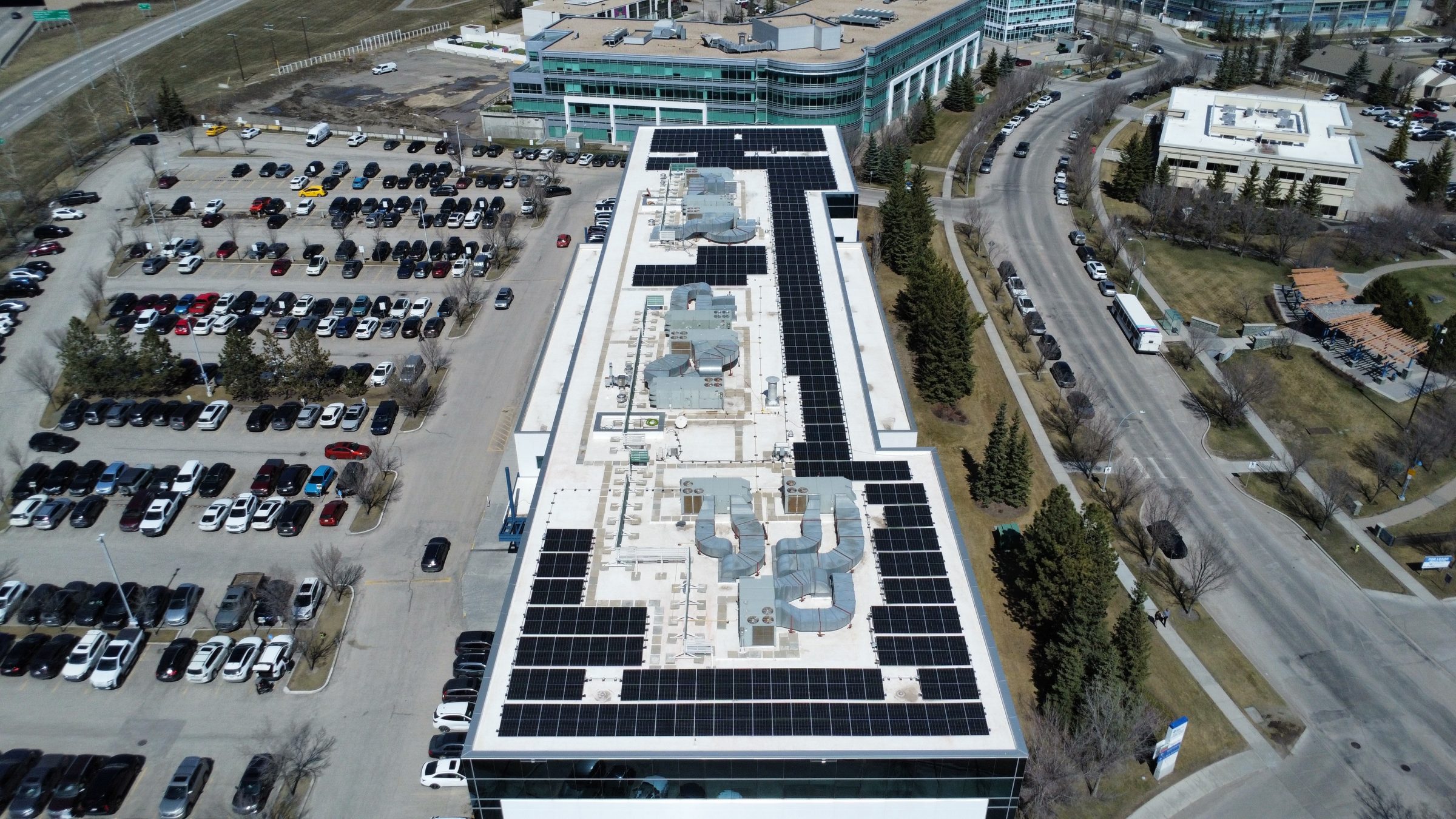 Aerial view of Soprasolar PVC pedestal install completed in Western Canada.