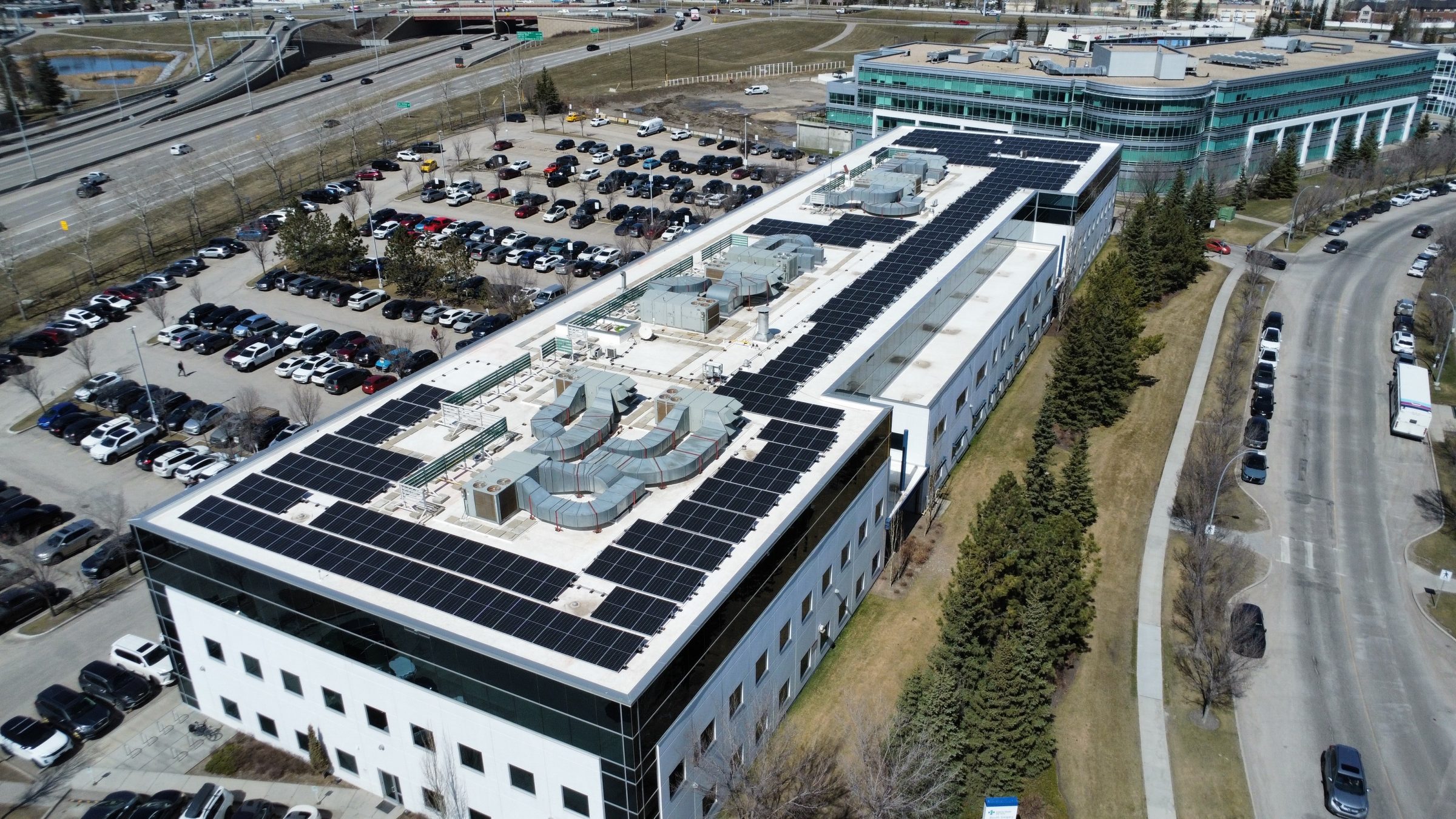 Aerial view of Soprasolar PVC pedestal install completed in Western Canada.